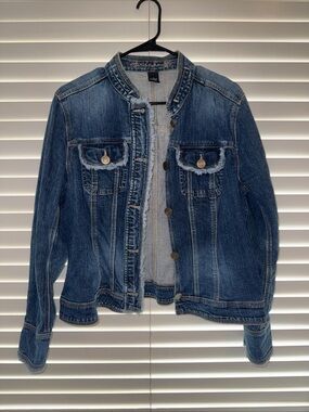 Denim Jean Jacket - Blue Distressed Collarless Jacket